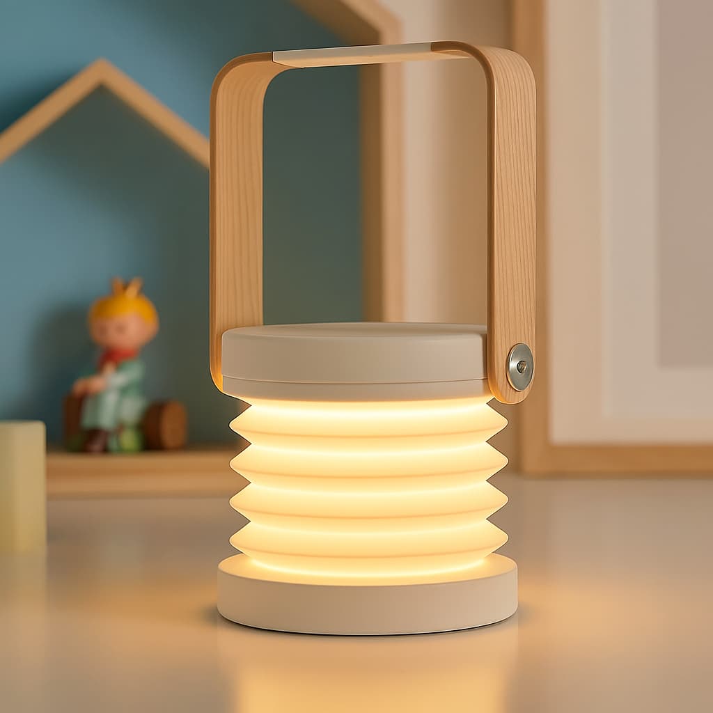 Veilleuse de chambre portable avec anse en bois et corps accordéon lumineux dans une chambre d'enfant