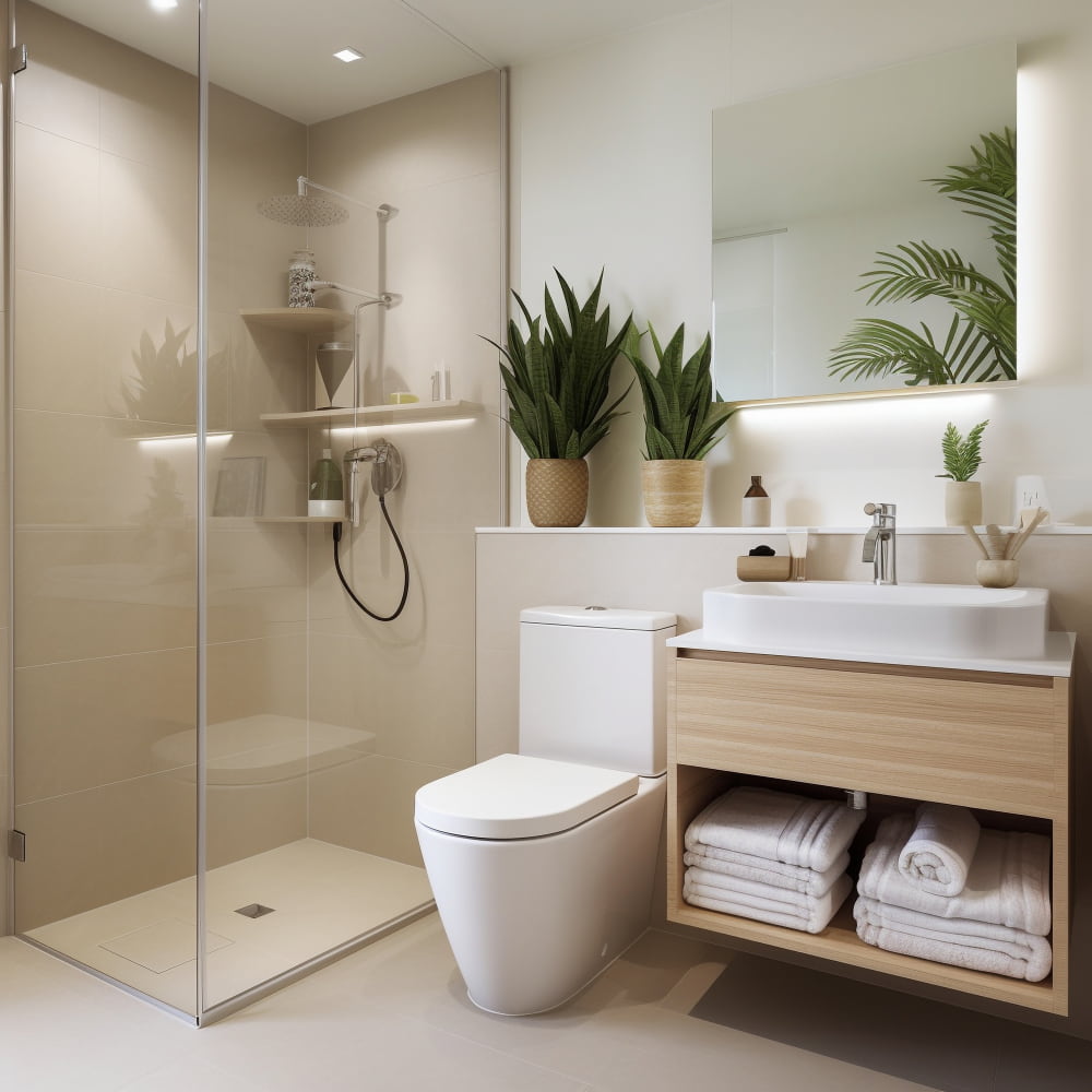 Une salle de bain moderne avec une baignoire autoportante blanche, une douche à l'italienne et des éléments en bois clair, reflétant un aménagement intérieur contemporain