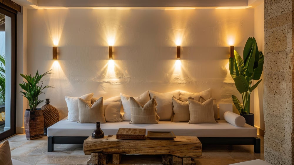 Salon moderne avec canapé blanc et éclairage maison mural chaleureux à lumière ascendante et descendante