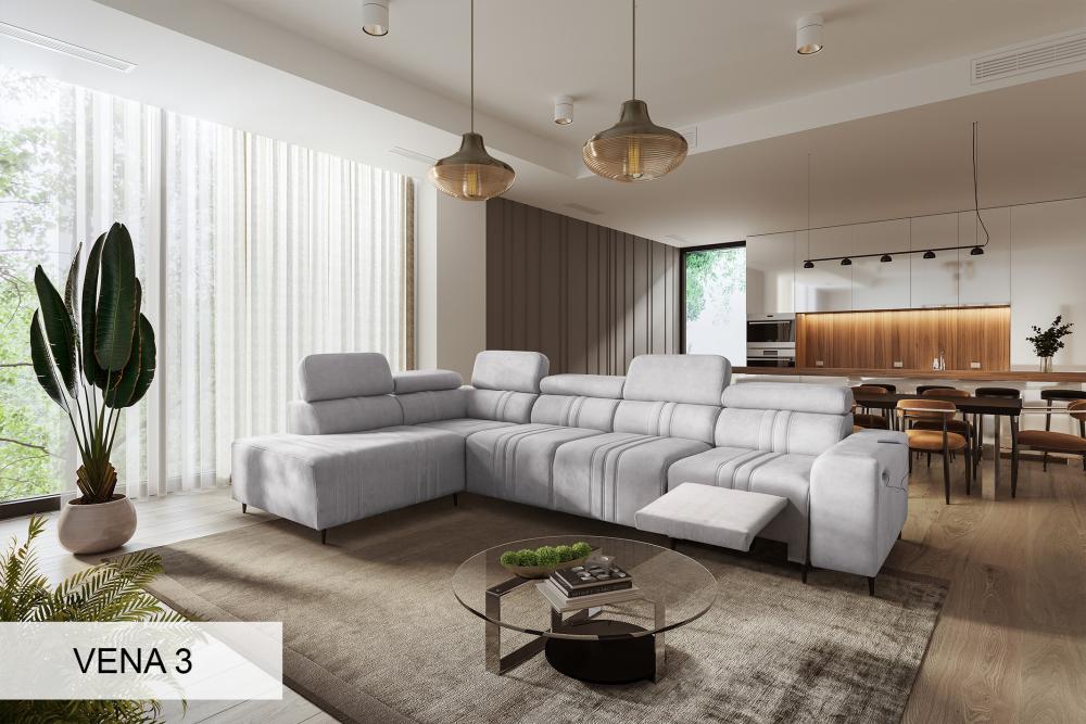 Un grand canapé d'angle gris clair avec fonction relax électrique et têtières réglables dans un salon moderne et spacieux.