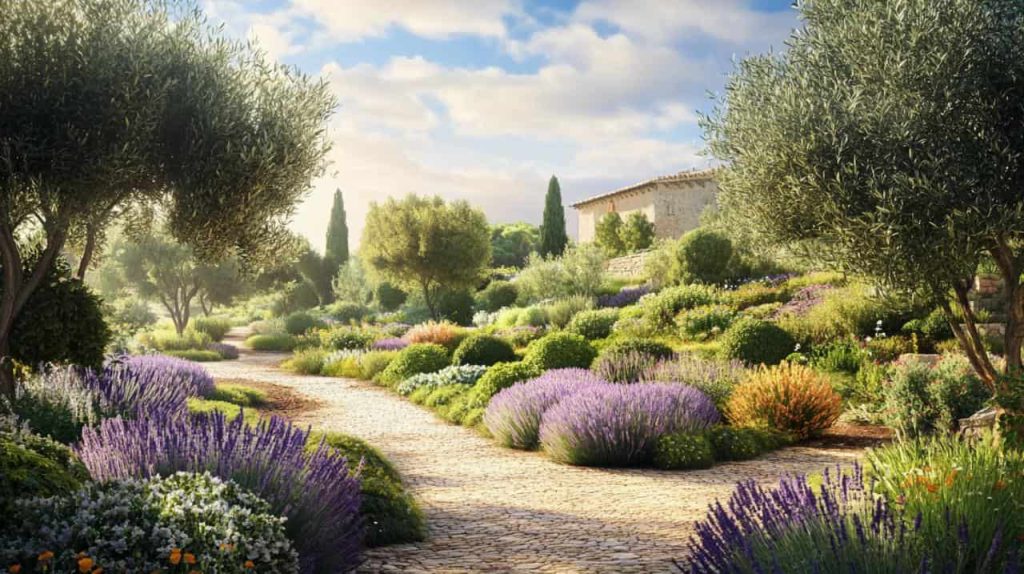 Chemin pavé traversant un jardin méditerranéen luxuriant avec une maison en pierre en arrière-plan