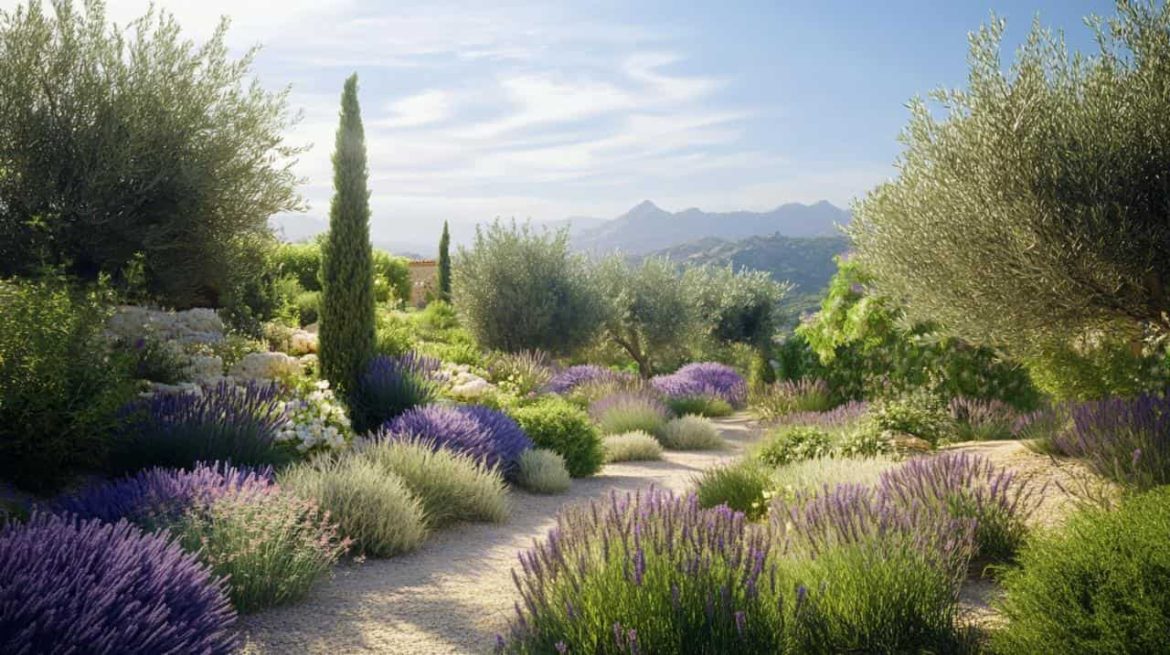 Allée de gravier serpentant entre des buissons de lavande et des oliviers dans un jardin méditerranéen avec vue sur les montagnes