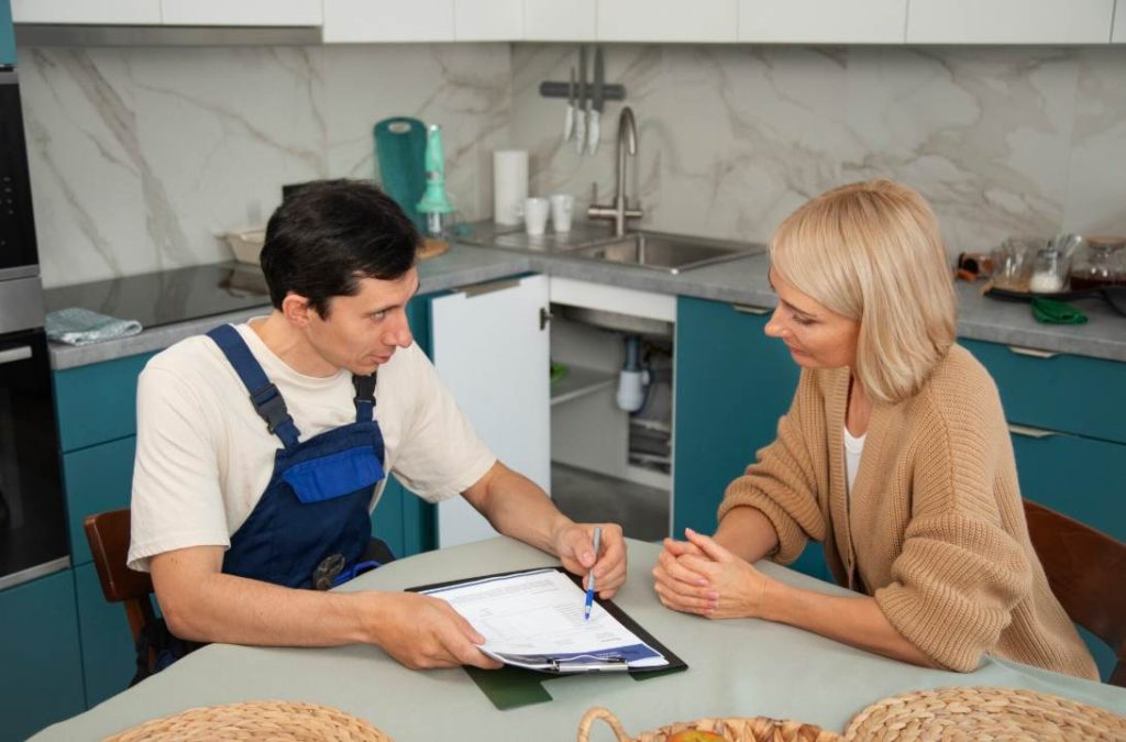 Un artisan serrurier en bleu de travail présente un devis détaillé à une cliente assise à une table de cuisine pour illustrer comment trouver un serrurier paris honnete.