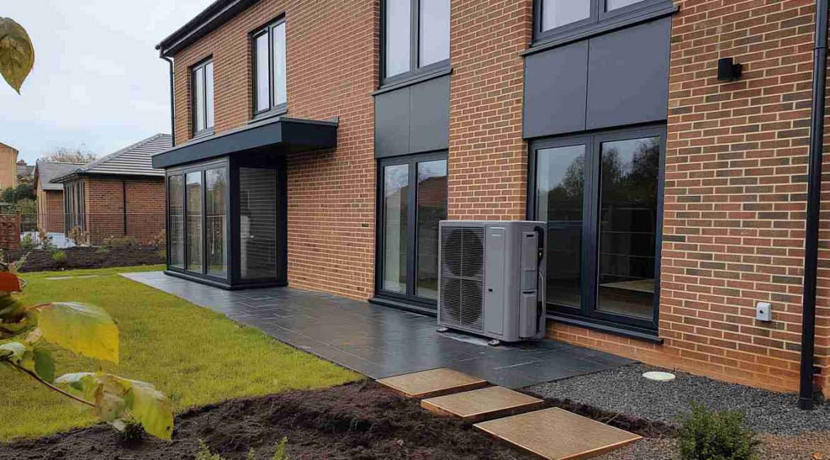 Unité extérieure d'une pompe à chaleur haute température chauffage rénovation installée sur la terrasse d'une maison en brique.
