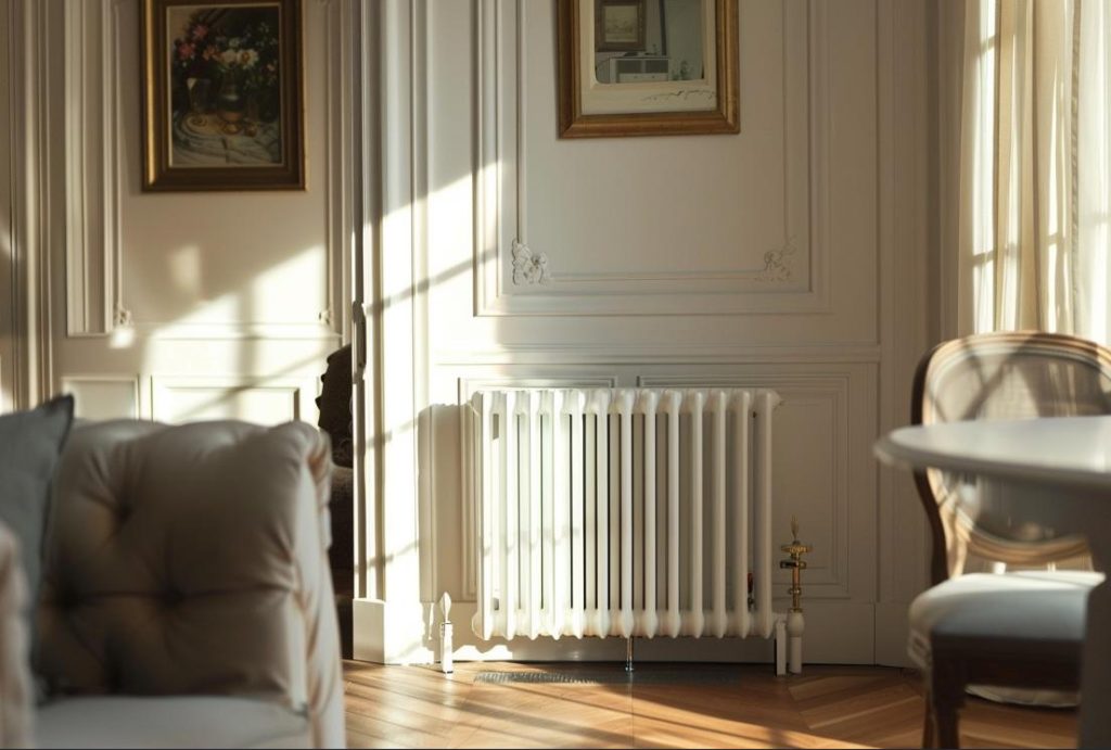 Radiateur en fonte ancien dans un salon haussmannien relié à une pompe à chaleur haute température chauffage rénovation.