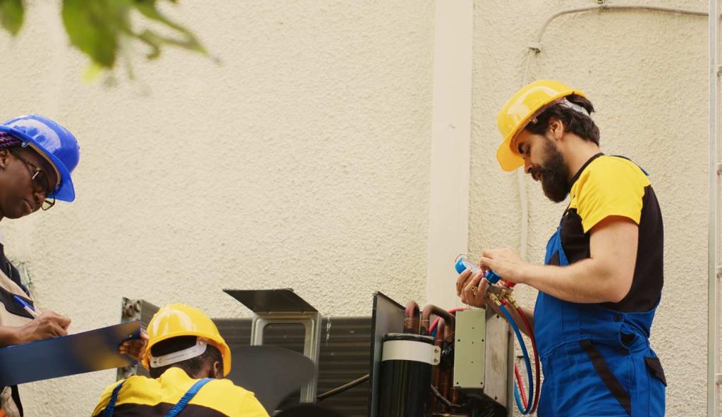 Une équipe de techniciens en casques de chantier intervient sur une installation extérieure dans le cadre du prix entretien annuel chaudière gaz.